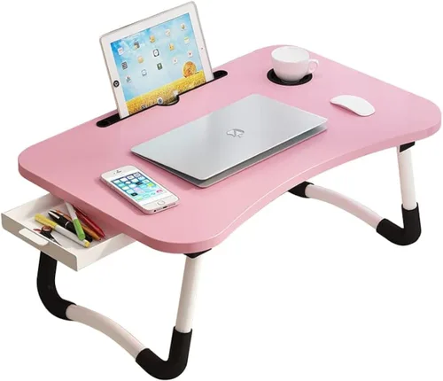 Vista 7 de Mesa portátil para laptop de oficina con cajón de almacenamiento, porta-taza y soporte para teléfono, mesa de bandeja para cama, escritorio plegable