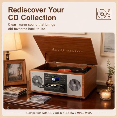 Vista 2 de Reproductor de discos multimedia 10 en 1 con altavoces, reproductor de CD, receptor Bluetooth, radio por Internet, grabación USB, tocadiscos de 3