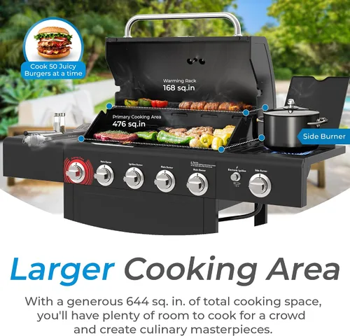 Vista 2 de Kenmore Parrilla de gas propano para barbacoa, 5 quemadores con quemador lateral y zona de sellado, parrilla de acero inoxidable de 644 pulgadas