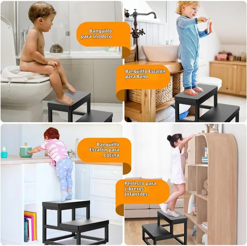 Vista 6 de Taburetes para adultos y niños, taburetes resistentes de madera para camas altas, taburete antideslizante de 2 escalones junto a la cama con Negro
