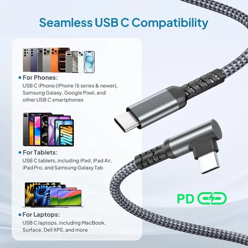 Vista 7 de Elebase Cable de carga para iPad 10 A16 Generación de 3.3 pies con adaptador USB, cable cargador USB tipo C en ángulo de 90 grados 100W para iPad
