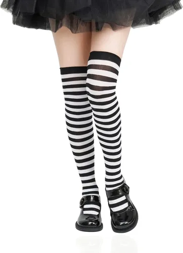 Vista 8 de 7 pares de calcetines largos a rayas por encima de la rodilla, calcetines hasta la rodilla para Halloween, cosplay, fiesta, disfraz, fiesta