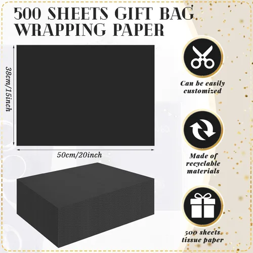 Vista 3 de Qilery - 500 hojas de papel de seda negro a granel para bolsas de regalo de 15 x 20 pulgadas, sin ácidos, para regreso a clases, papel de regalo
