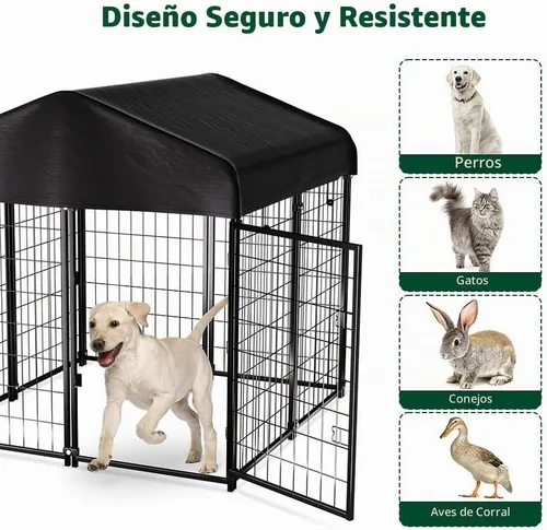 Vista 4 de Perrera exterior con techo, 4'x4'x4.5' Perrera para perros al aire libre Heavy-duty Welded Steel, UV-resistant Waterproof Cover, Secure Lock, Dog