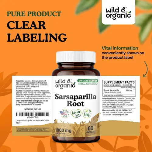 Vista 7 de Wild & Organic Cápsulas de raíz de zarzaparrilla, apoyo para la piel y la desintoxicación, suplemento de raíz de zarzaparrilla de 1000 mg, 30 días