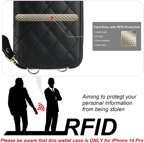 Vista 3 de Bocasal Funda tipo cartera cruzada para iPhone 14 Pro, con bloqueo RFID, de piel sintética, con cremallera, funda tipo cartera con función atril