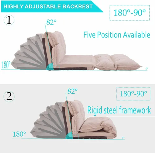 Vista 3 de Sofá perezoso con 2 almohadas, sofá cama de suelo con respaldo ajustable, sofá futón plegable para leer juegos, espacios pequeños, apartamento