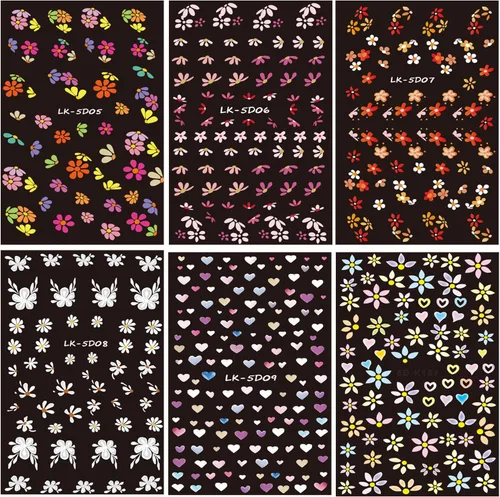Vista 7 de Calcomanías de arte de uñas de flores, holográficas 5D en relieve de flores en relieve de corazón, calcomanías autoadhesivas para uñas, decoración
