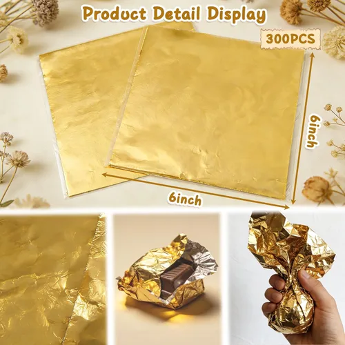 Vista 2 de Wowagoga 300 envoltorios de caramelo de papel de aluminio dorado de 6 x 6 pulgadas, envoltorios de papel de chocolate para dulces caseros