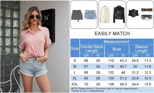 Vista 6 de Camisas de algodón con botones para mujer, blusas con cuello en V, blusas de trabajo de oficina