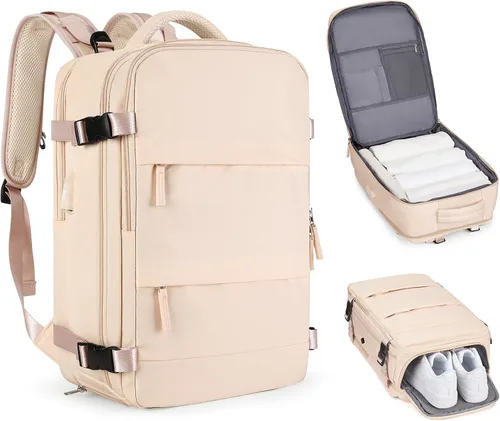 Vista 67 de Mochila de viaje grande, bolsa de mano, aprobada para aviones, para artículos personales, para hombre o mujer, color beige con marrón