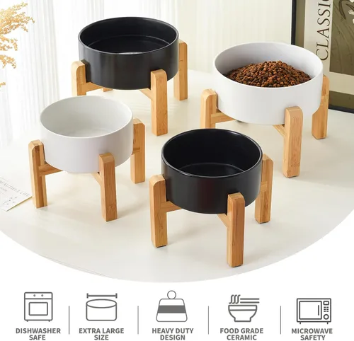 Vista 4 de Cuenco elevado de cerámica de 6 pulgadas para perros – Tazón de comida y agua para perros de 30 onzas con soporte elevado de bambú antideslizante