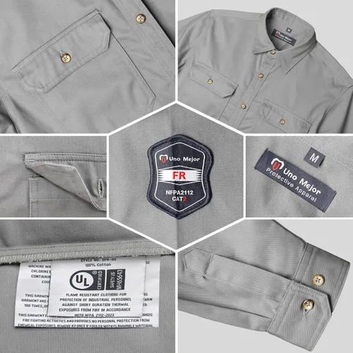 Vista 4 de Camisas FR grises para hombre, sarga de algodón de 7.5 onzas, manga larga, ajuste regular, cuello de punto, cuello Henley, 2 bolsillos de parche