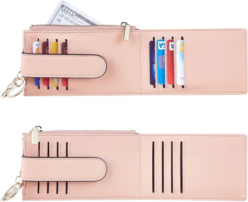 Vista 4 de Chelmon Billetera delgada para mujer, con bloqueo RFID, plegable, con bolsillo con cremallera, Rosa con llavero, Minimalista