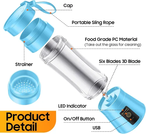 Vista 9 de Licuadora portátil inalámbrica de tamaño personal, mini licuadora para hacer batidos y batidos, taza de viaje sin BPA de 12.8 fl oz, potente traje