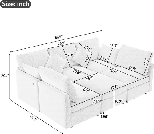 Vista 2 de Sofá modular en forma de U de 86.6 pulgadas, sofá cama en forma de L con una otomana móvil y dos puertos USB para sala de estar (beige)