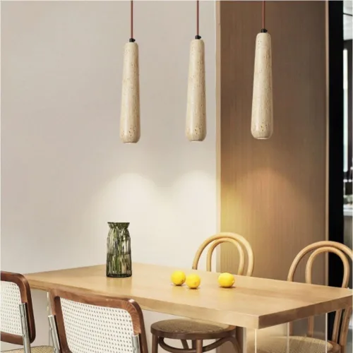 Vista 2 de 11.8IN Long Tube Hanging Lamp Mid Century Industrial Yellow Travertine Pendant Lights Japanese Style Simple Small Chandeliers for Dining Room Living