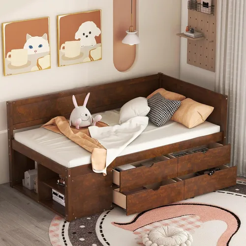 Vista 36 de Sofá cama de madera de tamaño matrimonial con 2 armarios de noche, estantes superiores y 4 cajones, marco de madera resistente, espacio de Marrón