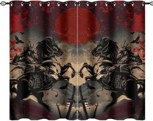 Vista 21 de Cortinas opacas abstractas japonesas samuráis para dormitorio, caballo samurái rústico, rojo, ojal, aislamiento térmico, cortinas de oscurecimiento