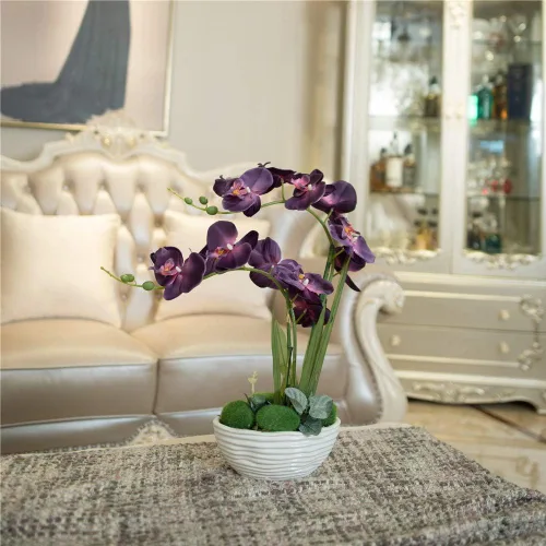 Vista 4 de Planta de orquídea artificial grande en maceta, arreglo floral de seda con jarrón de cerámica, morado oscuro