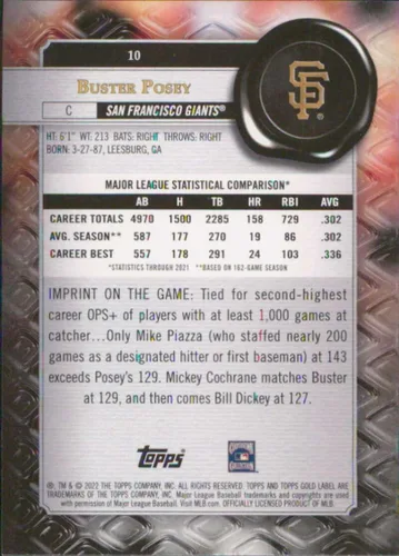 Vista 2 de 2022 Topps Gold Label Class 1#10 Buster Posey San Francisco Giants Baseball Card - GotBaseballCards