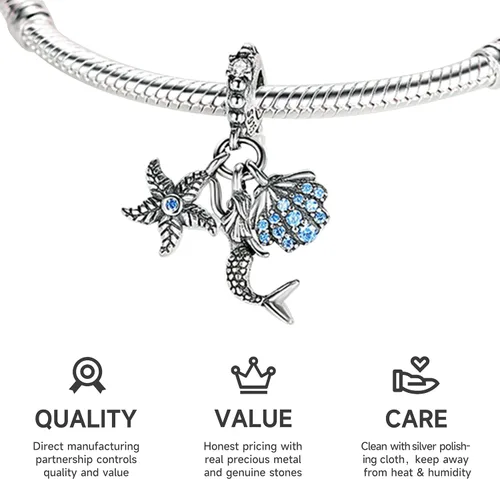 Vista 2 de NUJIFFY Abalorios de plata de ley 925 para pulseras y collares, pulseras solares con dije de estrella de mar y estrella, conchas de estrella de mar
