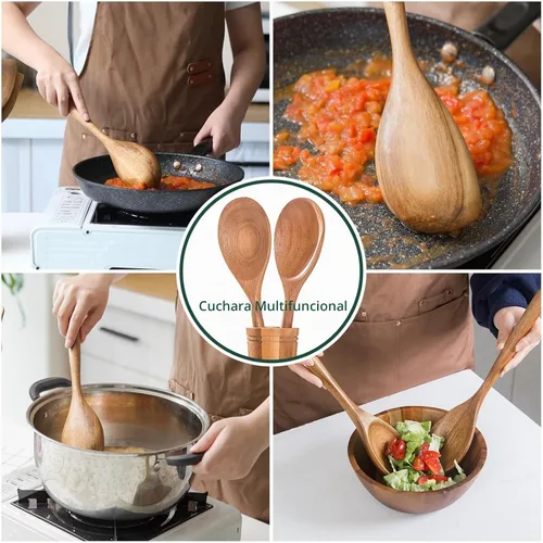 Vista 6 de Cuchara de madera, cucharas de cocina de madera de acacia saludable, cuchara de cocina duradera, cucharón de madera antiarañazos para cocinar