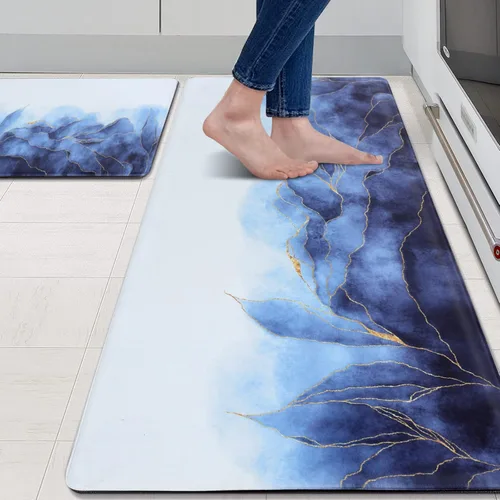 Vista 14 de MAYHMYO Juego de 2 tapetes de cocina antifatiga, diseño de mármol y azul, alfombrillas acolchadas y antideslizantes