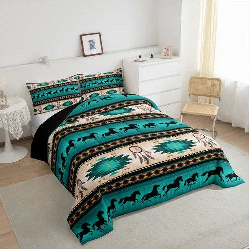 Vista 6 de Juego de ropa de cama con relleno de edredón con diseño de caballo y atrapasueños para niños, adolescentes y hombres, juego de edredón con estampado