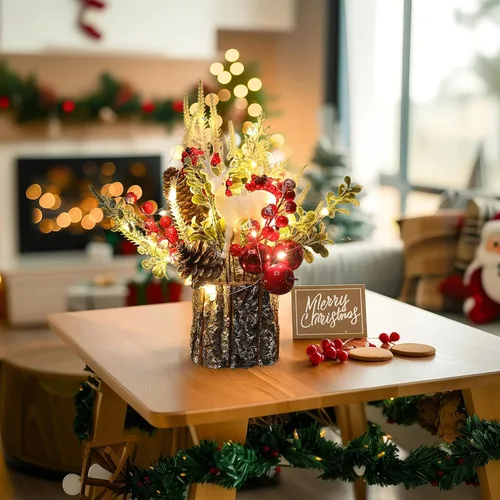 Vista 4 de Decoración Navideña Árbol de Navidad pequeño con luces - Mini árbol de Navidad artificial de mesa iluminado con adornos navideños gnomos