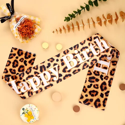 Vista 6 de Banda de cumpleaños ajustable de leopardo para mujeres y niñas, decoración de fiesta de cumpleaños de guepardo, suministros de animales de safari