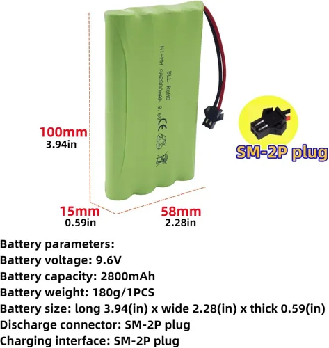 Vista 2 de Batería recargable AA de 9.6 V 2800 mAh con enchufe SM-2P con cable de carga USB para juguetes RC coches, camiones, tanques, vehículos