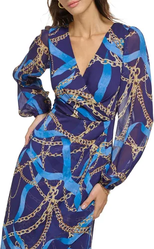 Vista 5 de GUESS Vestido largo de gasa con estampado de bufanda de manga larga para mujer