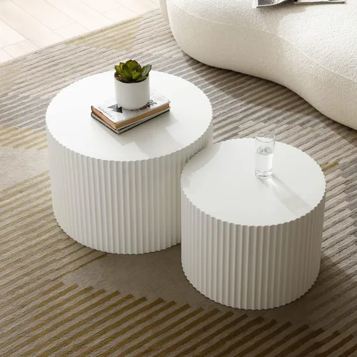 Vista 4 de Juego de 2 mesas auxiliares redondas de 42.52 pulgadas, color blanco, para sala de estar, diseño contemporáneo de círculo de madera en relieve, sin