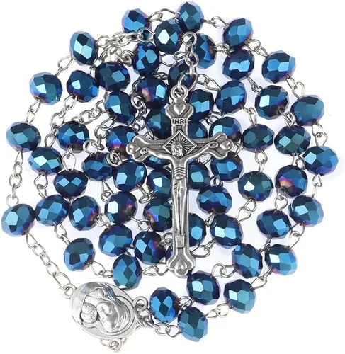 Vista 2 de Rosario católico para mujer con caja de rosario, collar de rosario de cuentas de cristal azul con caja de joyería vintage de la última cena, cuentas