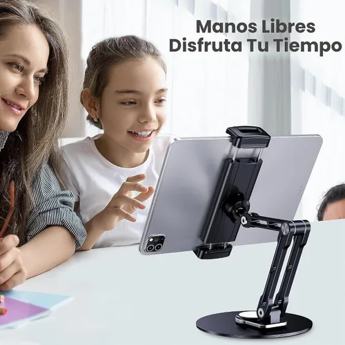 Vista 6 de Soporte para tableta para iPad, ajustable con base giratoria de 360 grados para escritorio, soporte giratorio de aluminio para tableta compatible