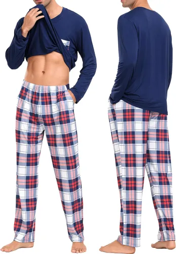 Vista 3 de SWOMOG Pijamas de Navidad para adultos, pantalones de pijama a cuadros con bolsillos, camisetas de manga larga para parejas y familia