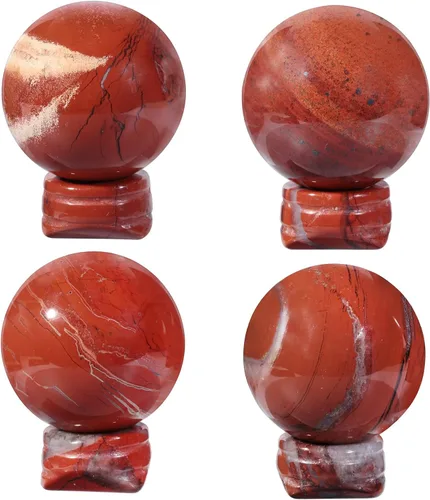 Vista 6 de TUMBEELLUWA Escultura de bola de cristal de jaspe rojo redondo natural de 1.57 pulgadas con soporte de piedra, figura decorativa de esfera de piedra