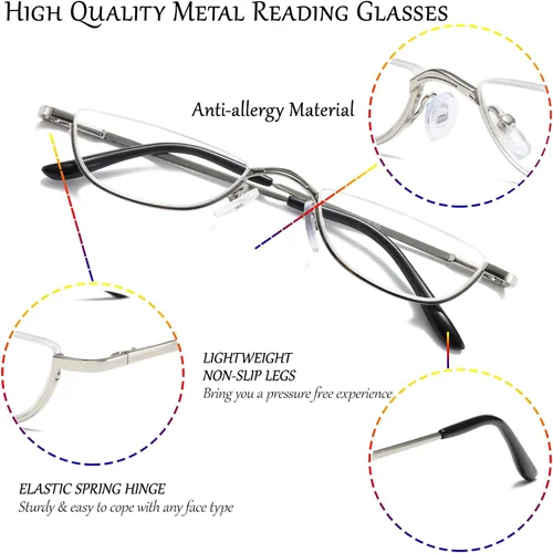 Vista 4 de Viseng Gafas de lectura de medio marco para mujer y hombre, lentes de media luna delgadas, lectores de metal con montura semi desmontable +1.0