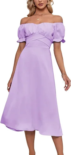 Vista 3 de LYANER - Vestido fruncido con hombros descubiertos, volantes, cruzado, de manga corta y abombada, para atar por detrás