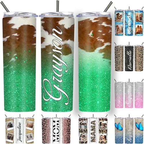 Vista 39 de Vaso delgado personalizado con purpurina con tapas y popotes, nombres, vasos de acero inoxidable personalizados con imagen para mujeres, hombres