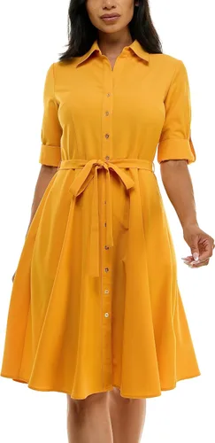 Vista 20 de Sharagano Vestido camisero plisado para mujer, manga 3/4, cuello en V, botones dorados Acacia