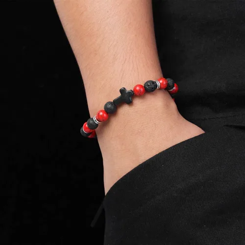 Vista 2 de Softones Pulsera de cruz de cuentas de 0.315 in para mujeres y hombres, pulsera de oración de eslabones elásticos de piedra natural para niños