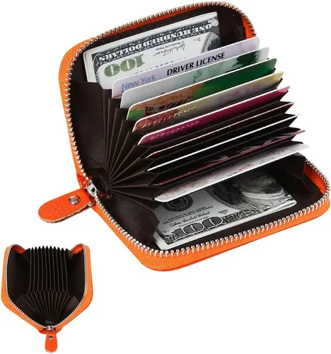 Vista 2 de Cartera de acordeón de cuero con bloqueo RFID con 12 ranuras para tarjetas de crédito