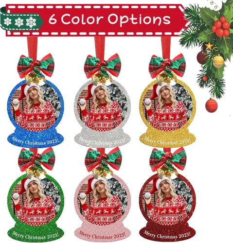 Vista 2 de Adornos de Navidad personalizados 2023 con imagen personalizada con purpurina, adornos acrílicos para decoración de árbol para parejas, familia