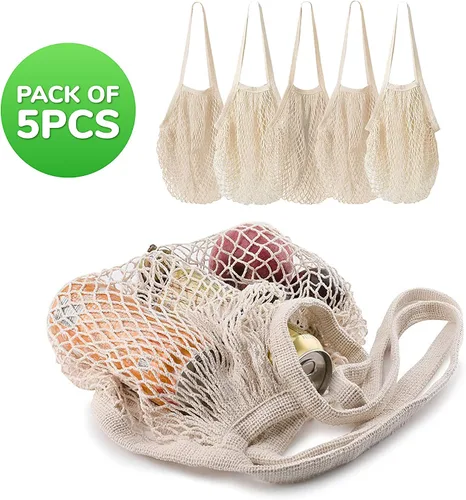 Vista 7 de Paquete de 5 bolsas de compras de cuerda de algodón, reutilizables, lavables, bolsas de malla para comestibles, compras, bolsas de red con asa larga
