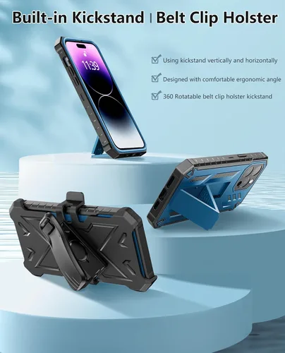 Vista 3 de FNTCASE Funda para iPhone 14 Pro Max: funda resistente de grado militar para teléfono celular con soporte y estuche con clip Protección