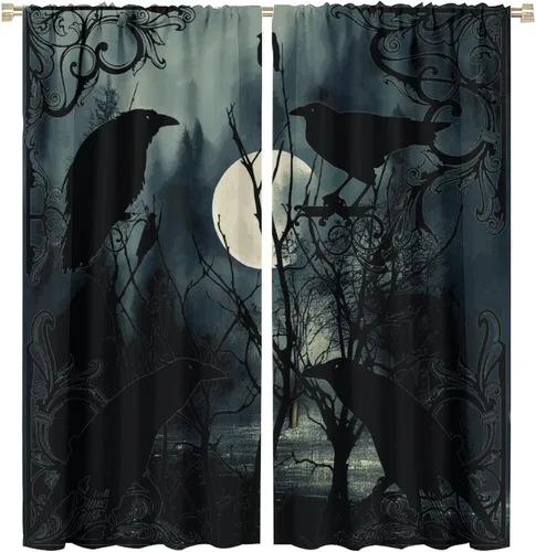 Vista 39 de Cortinas góticas rústicas con estampado de cuervo de bosque brumoso, rama, luna, bolsillo para barra, cortinas de ventana para dormitorio, sala