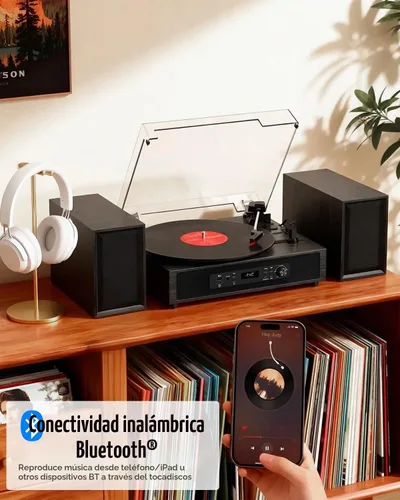 Vista 3 de Reproductor de discos de vinilo con 4+2 altavoces estéreo externos Bluetooth, tocadiscos de 3 velocidades con correa para discos de vinilo, dos