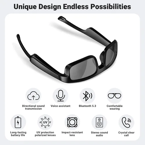 Vista 5 de Lentes inteligentes, lentes de sol polarizados Bluetooth con micrófono y altavoces integrados, oreja abierta, asistente de voz, protección UV